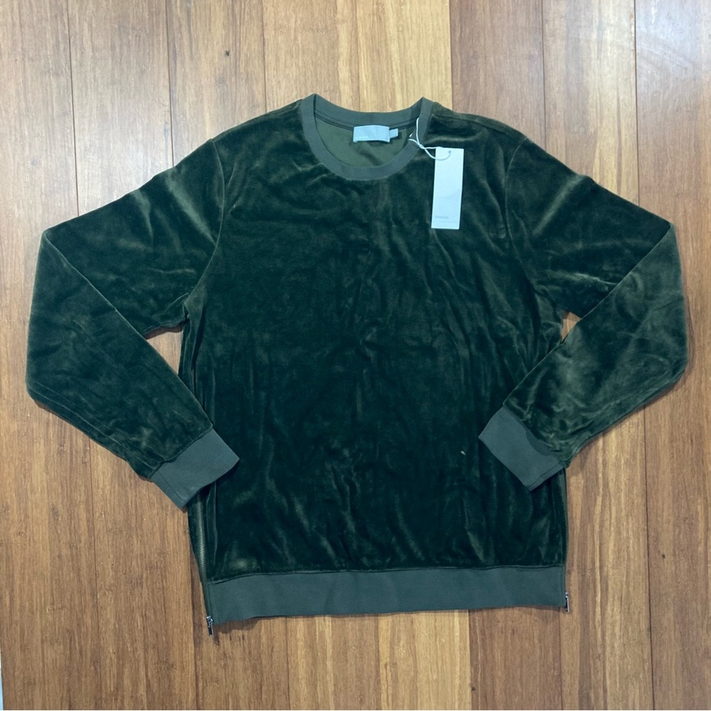 Mens Vince Green Velour Cotton Crewneck Long Sleeve Sweatshirt